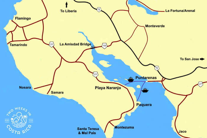 map showing costa rica's guilf of nicoya with ferry crossing markers